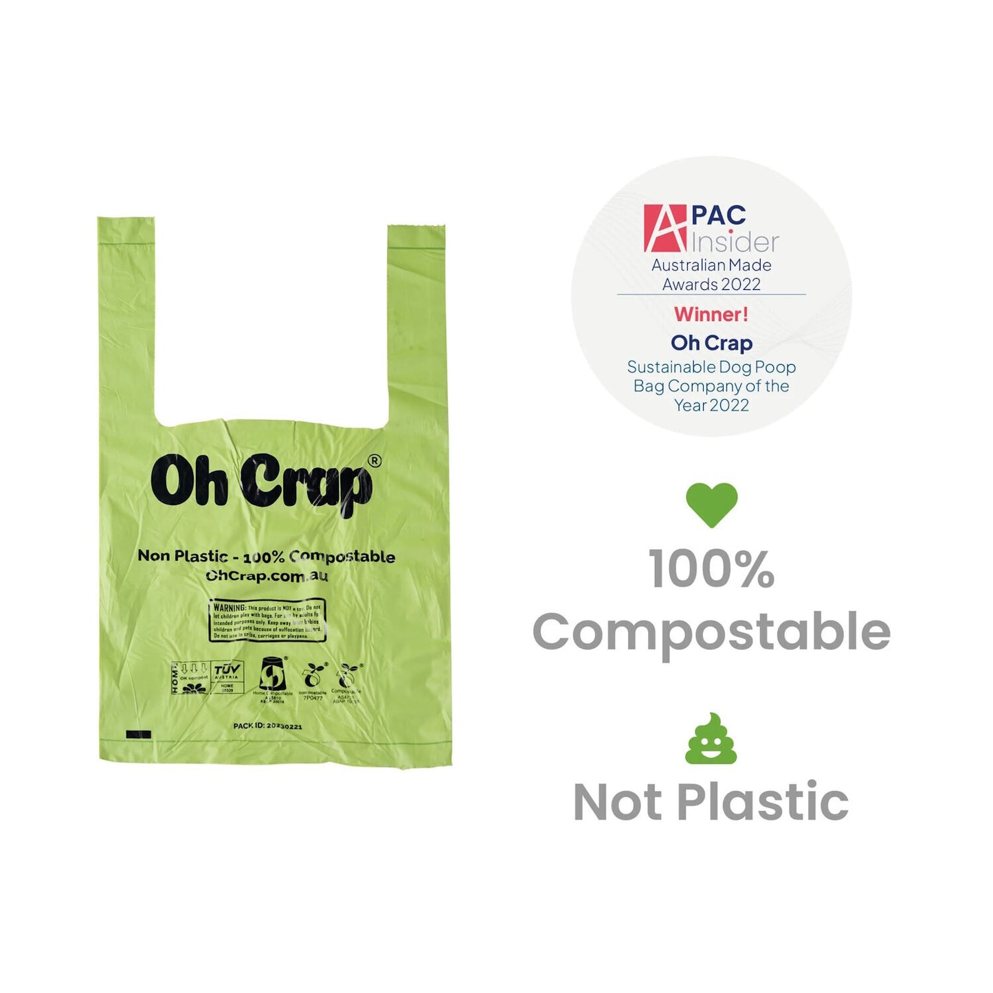 Oh Crap Compostable Dog Poop Bags with Handles - Roll of 200 Bags