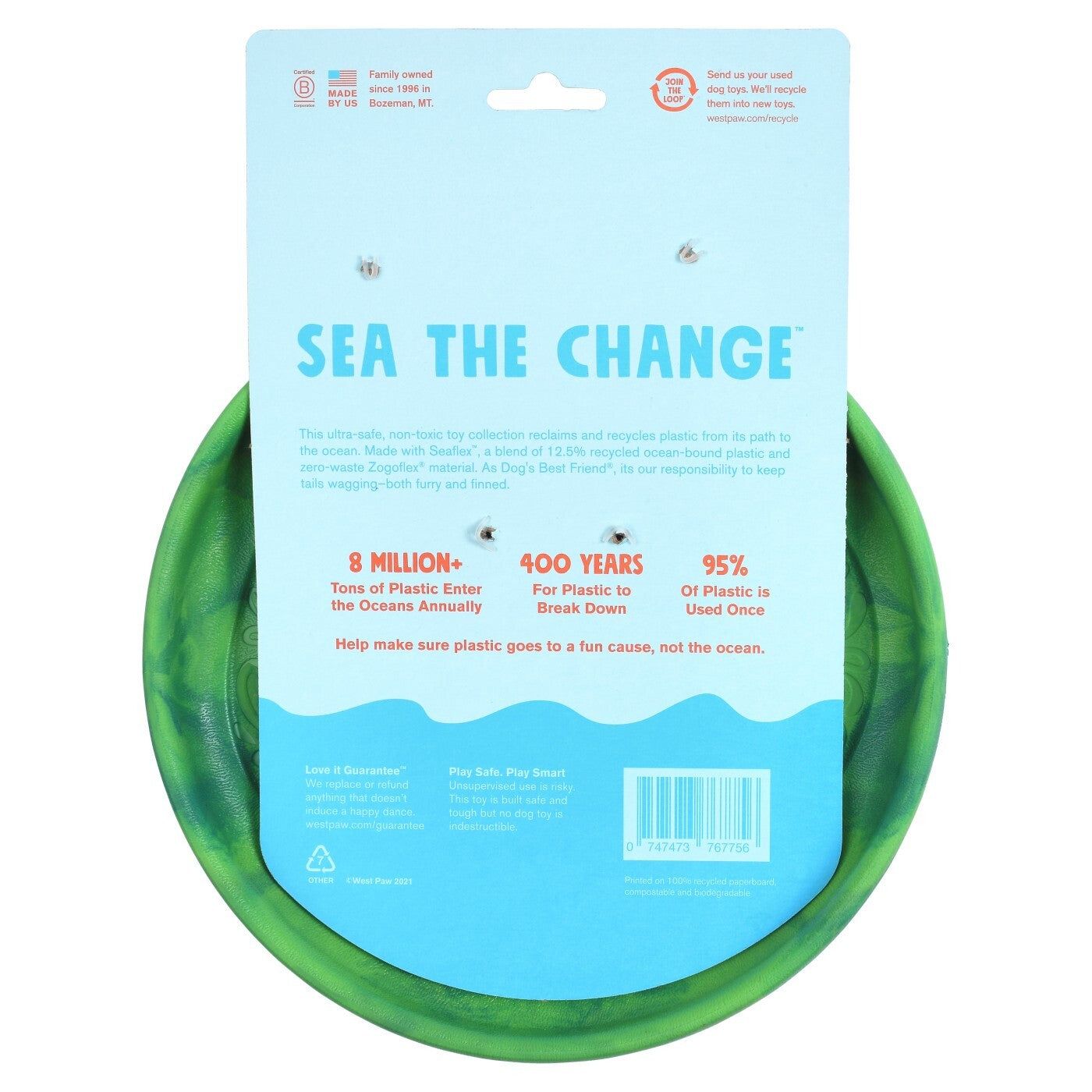 West Paw Seaflex Recycled Plastic Flyer Dog Toy - Sailz  - Emerald