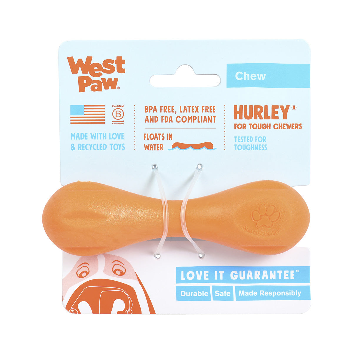 West Paw Hurley Fetch Toy for Tough Dogs - X-Small - Orange