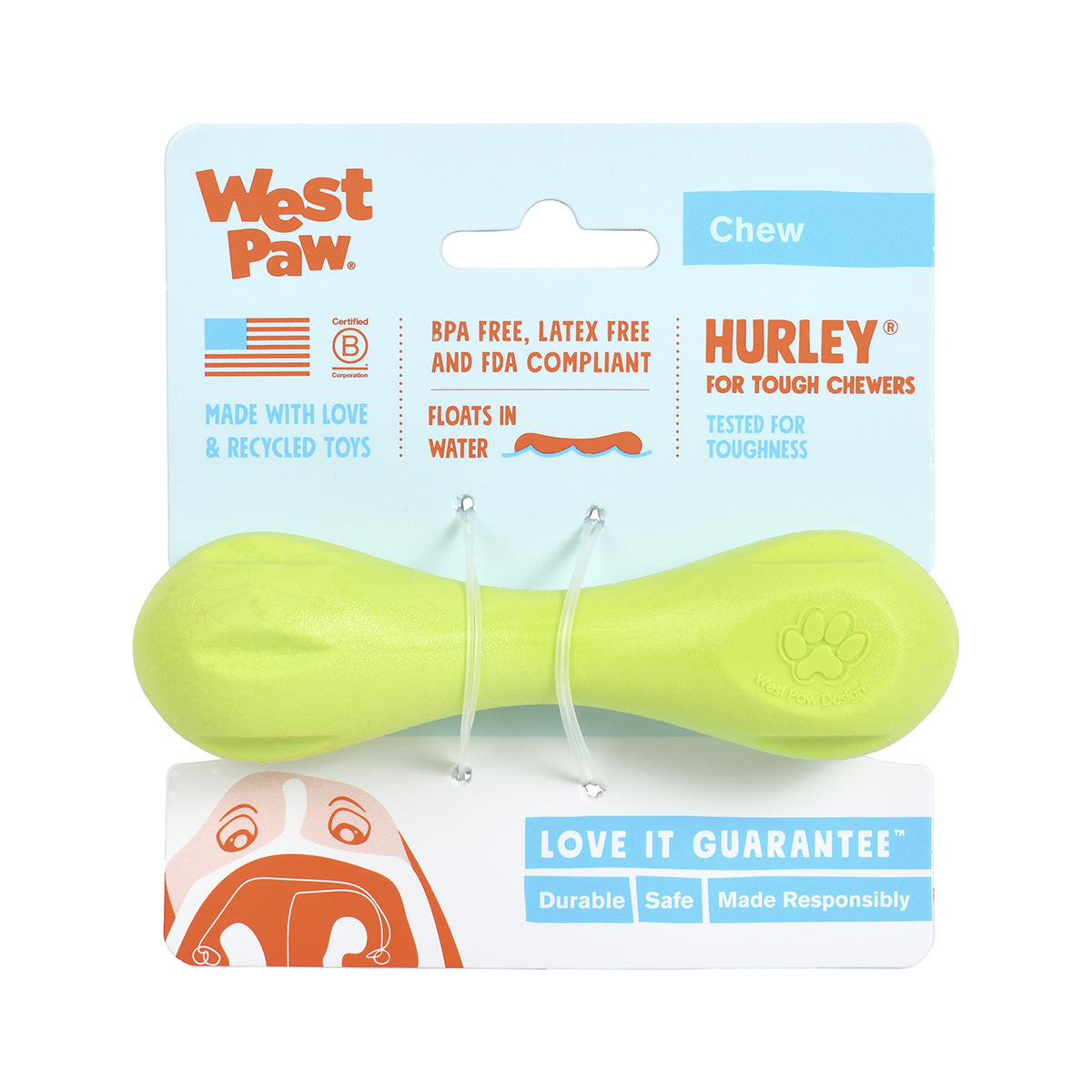 West Paw Hurley Fetch Toy for Tough Dogs - Small - Green