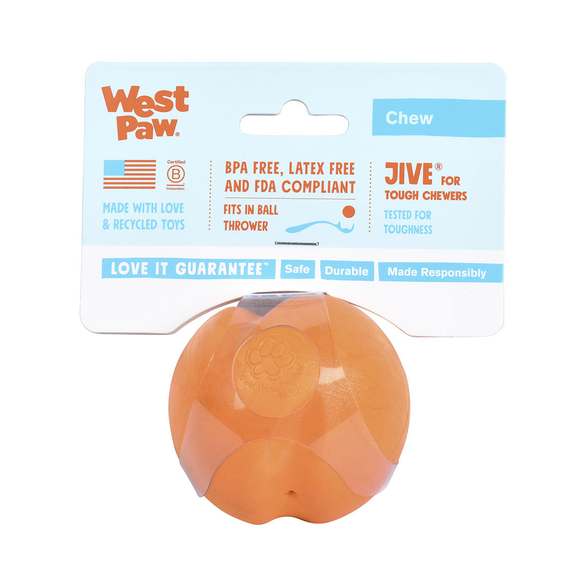 West Paw Jive Zogoflex Fetch Ball Tough Dog Toy - Small - Orange