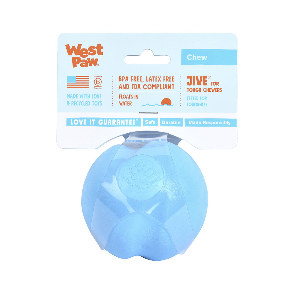 West Paw Jive Zogoflex Fetch Ball Tough Dog Toy - Large - Blue