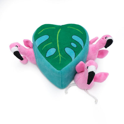 Zippy Paws Zippy Burrow Interactive Dog Toy - 3 Flamingos in Monstera Leaf